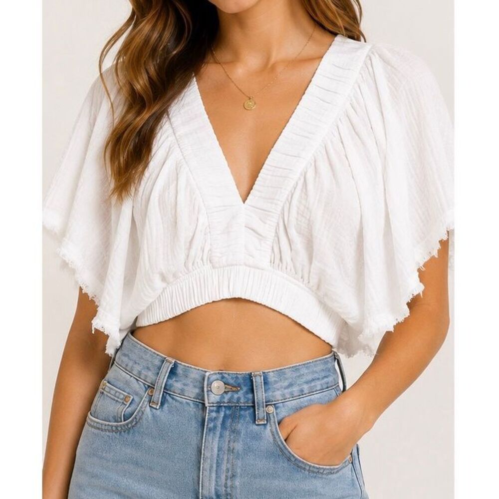 aerie White V-Neck Flutter Sleeve Crop Top
